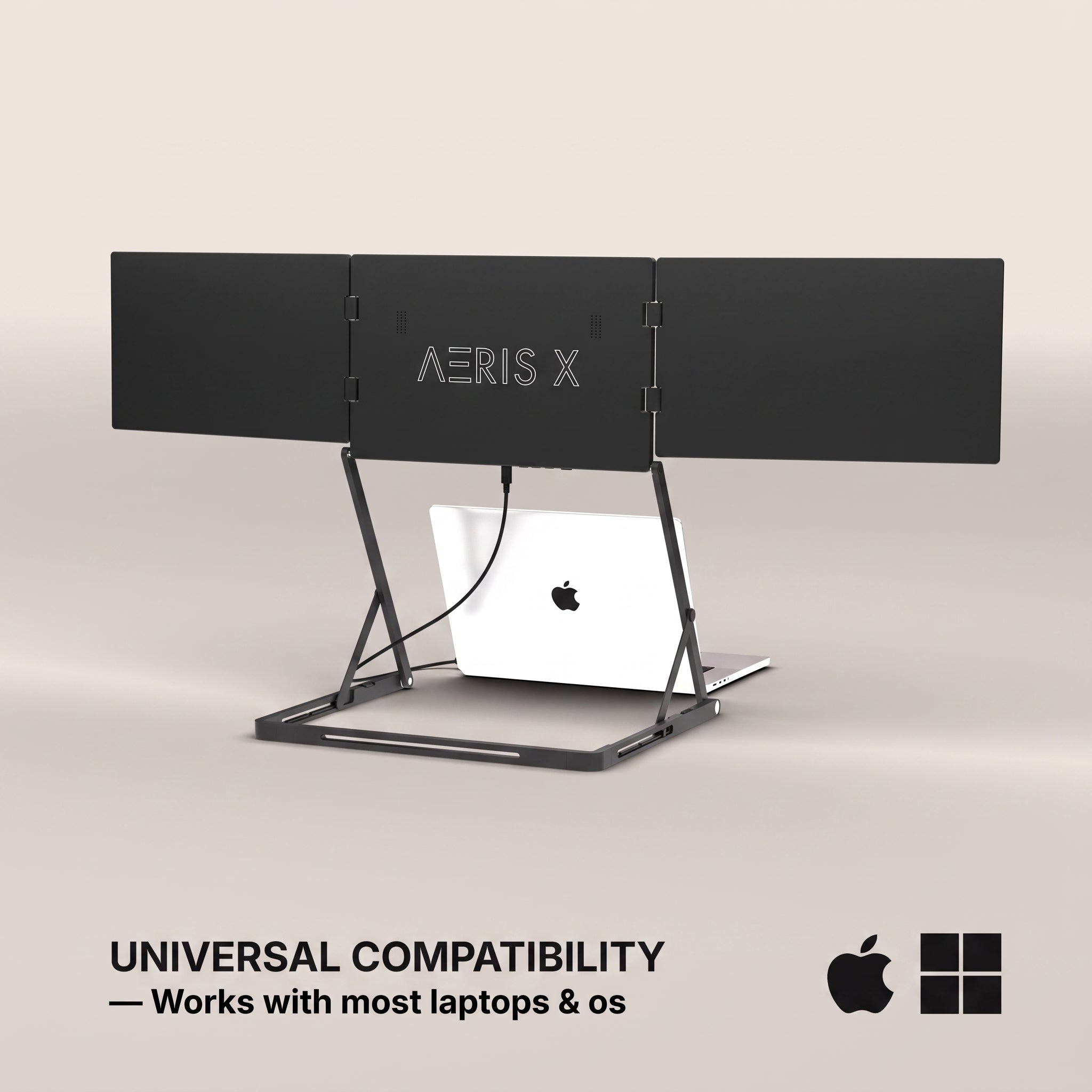 A black AERIS X laptop stand with a silver aluminum frame, shown holding a white laptop on a light beige background. Text at the bottom reads 'UNIVERSAL COMPATIBILITY — Works with most laptops & os' with Apple and Windows logos.
