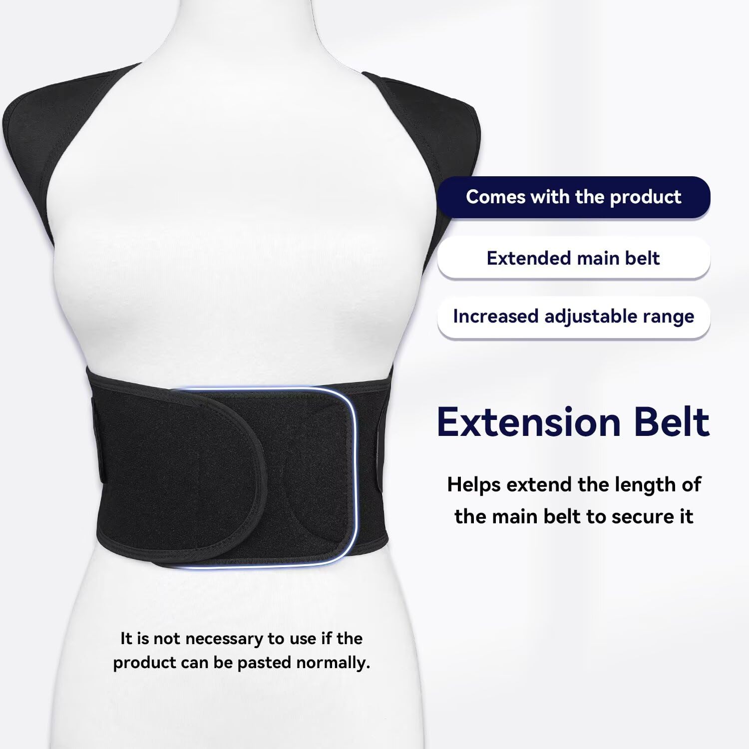 Black extension belt for a main belt on a mannequin with text explaining its features.